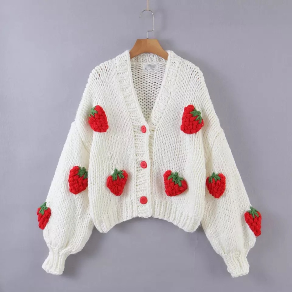 Strawberry Fields Oversized Chunky Knit Cardigan Sweater L Cream Red Cottagecore - Picture 6 of 7